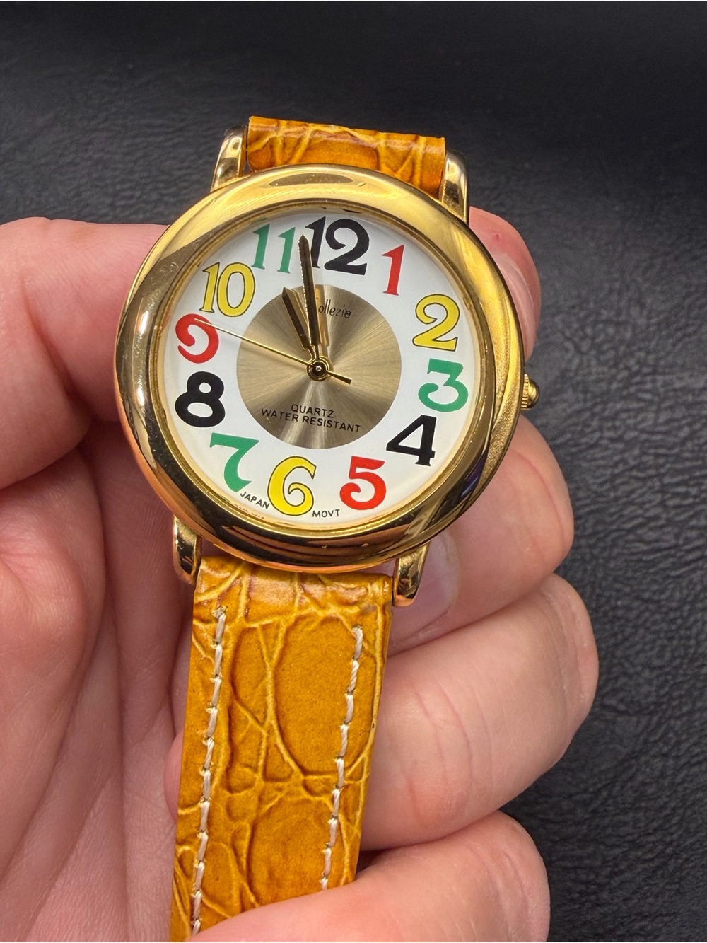 Vibrant Vintage-Style Gold-Tone Watch with Honey Tan Leather Strap -New Battery